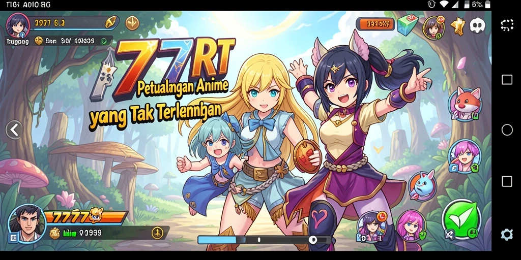 Tampilan gameplay 777RT yang penuh warna dan karakter Anime yang menarik.