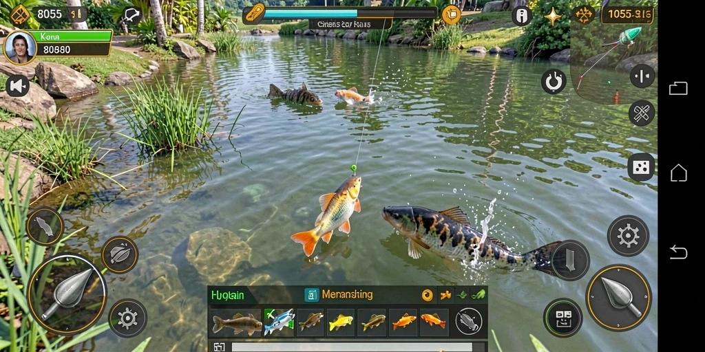 Tampilan gameplay 8055 yang realistis saat memancing.