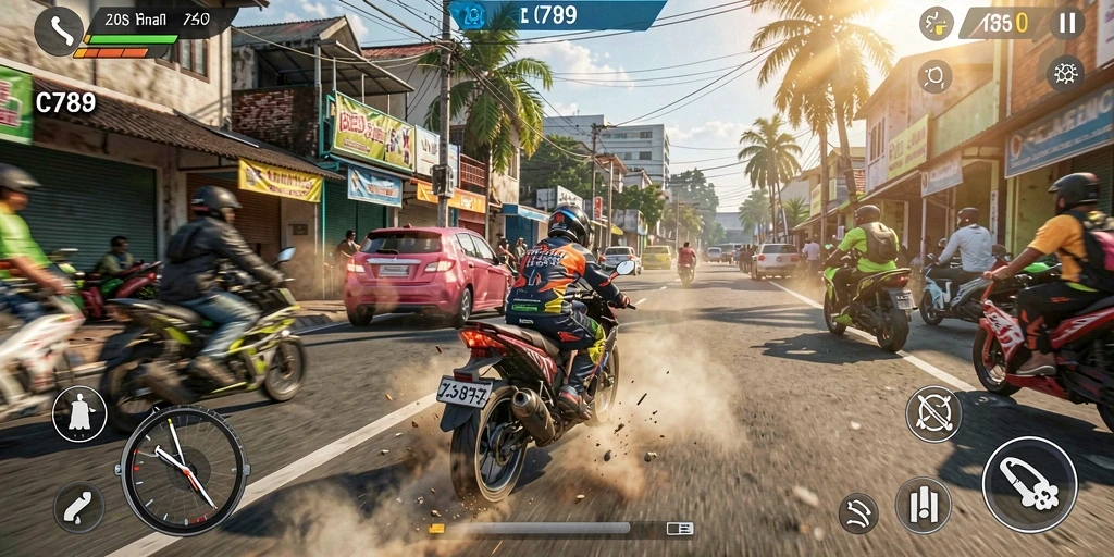 Screenshot gameplay C789 dengan aksi balapan motor yang mendebarkan.