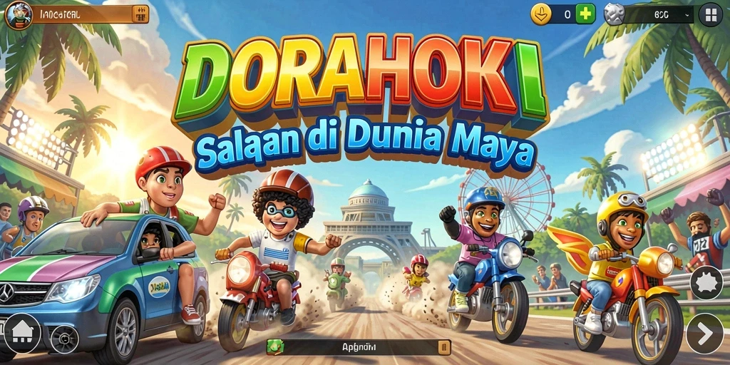 Screenshot DORAHOKI menampilkan momen balapan seru dengan grafis memukau.