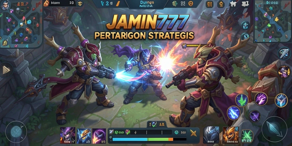 Screenshot gameplay MOBA JAMIN777 dengan aksi seru dan karakter beragam.