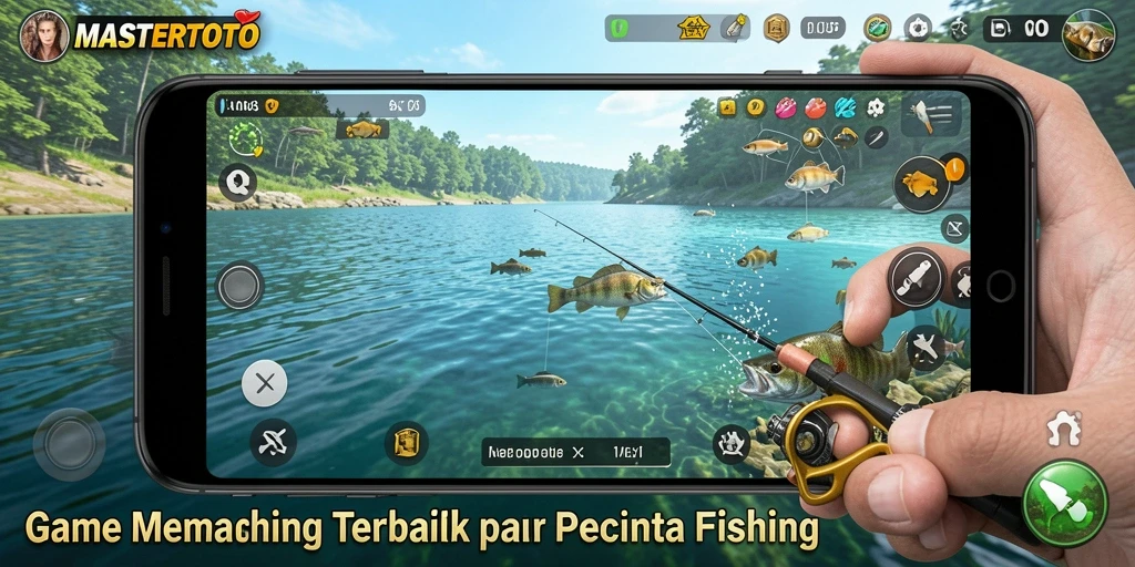 Tampilan gameplay MASTERTOTO dengan berbagai lokasi memancing yang indah.