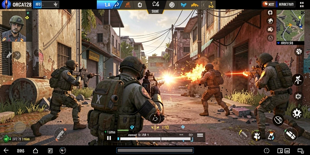 Tangkapan layar dari gameplay ORCA128 menunjukkan aksi tempur yang mendebarkan.