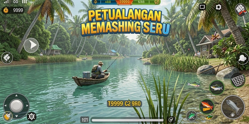 Screenshot utama T9999 menampilkan aksi memancing yang seru dan penuh tantangan.